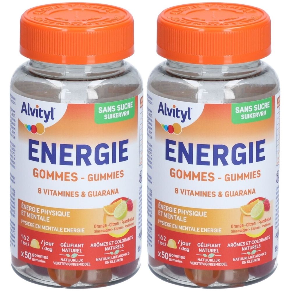 Deux flacons d'ALVITYL Energie Gommes. Bouchon orange, étiquette avec nom et informations. 50 gommes par flacon.