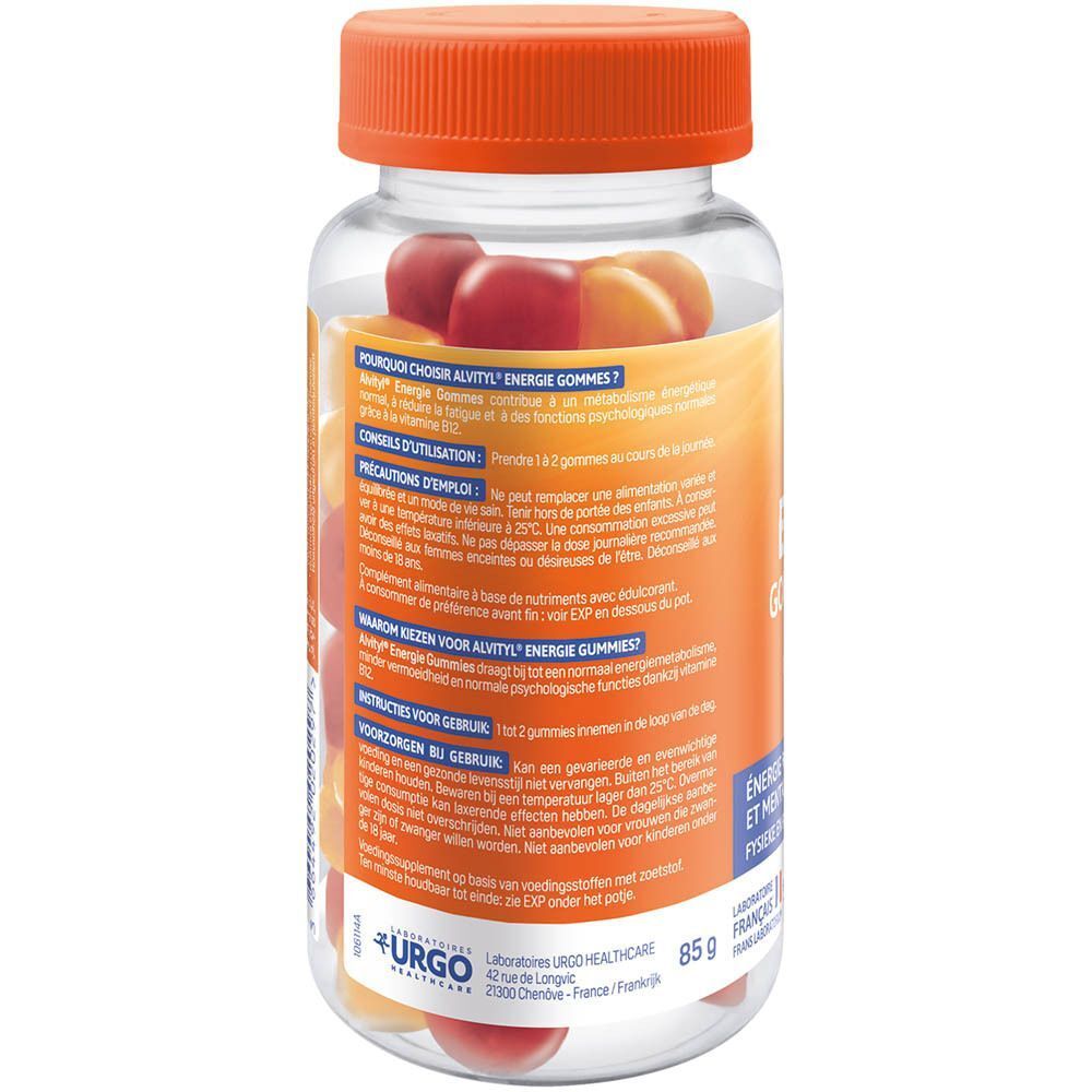Achterkant van een fles ALVITYL Energie Gommes. Oranje dop, transparante fles. Tekst in het Frans en Nederlands.