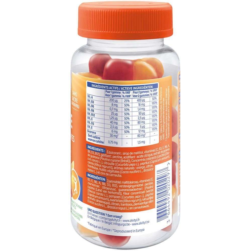 Achterkant van een fles ALVITYL Energie Gommes. Oranje dop, transparante fles. Ingrediëntenlijst en voedingswaarde-informatie.