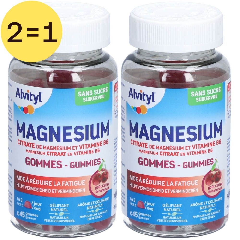 Deux flacons de gommes Alvityl Magnésium. Inscription: Magnésium, Citrate, Vitamine B6. Goût cerise. 2 pour 1.