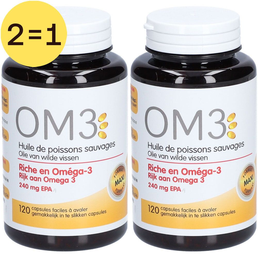 Deux flacons d'OM3. Flacons bruns, bouchons blancs, étiquettes jaunes. Offre 2=1.
