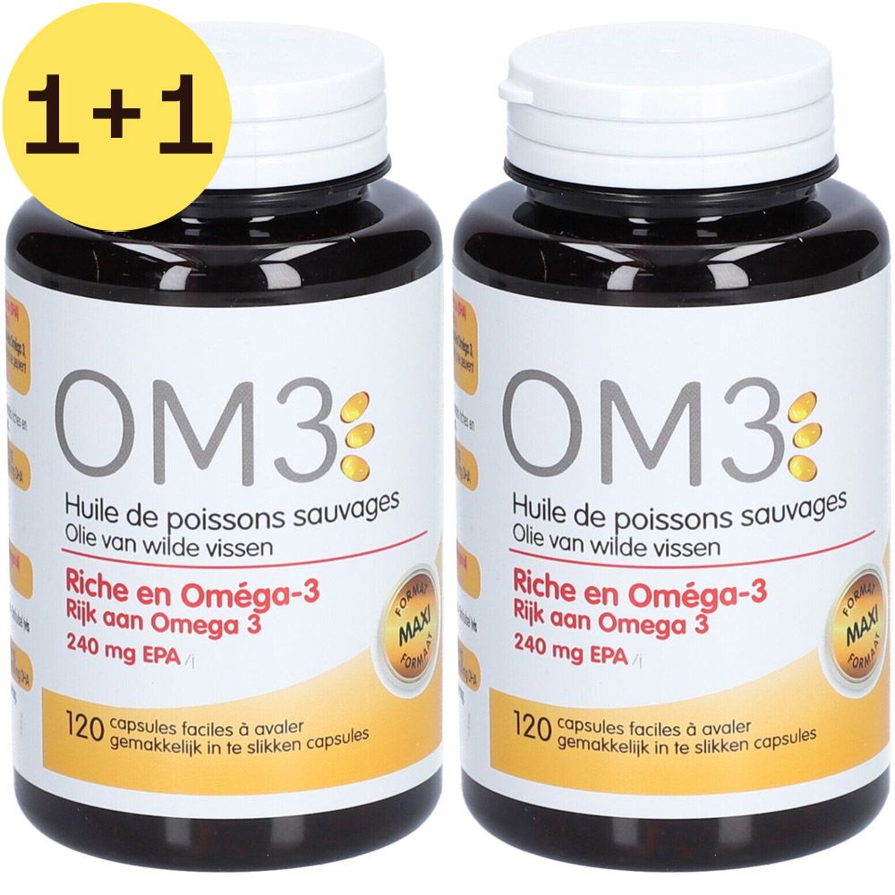 Twee flessen OM3 visoliecapsules. Bruine flessen, witte doppen, gele etiketten. 2=1 aanbieding.