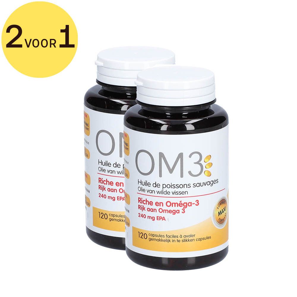 Twee flessen OM3 visoliecapsules. Bruine flessen, witte doppen, gele etiketten. 2 voor 1 aanbieding.