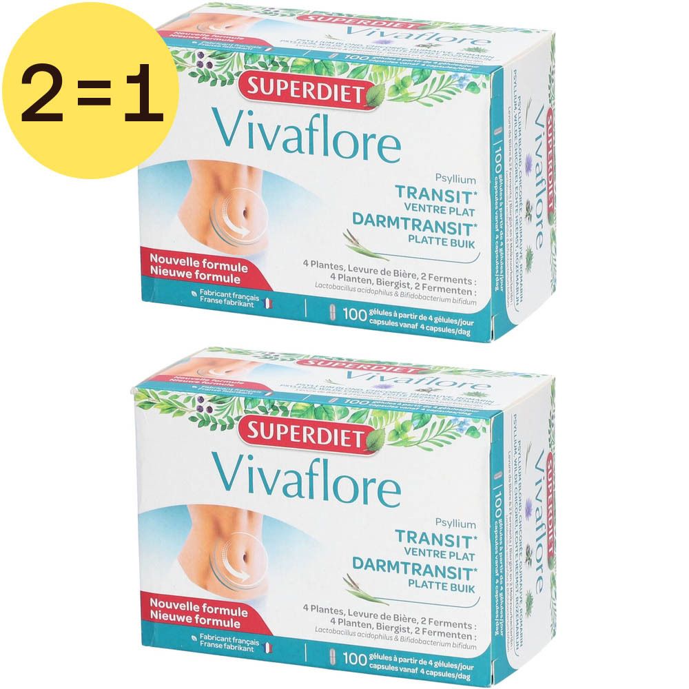 Deux boîtes Superdiet Vivaflore. Inscription: Transit, Ventre Plat, Platte Buik. Offre 1+1. Nouvelle formule.