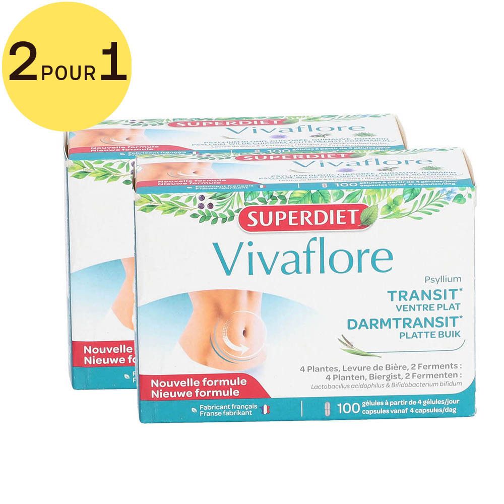 Deux boîtes Superdiet Vivaflore. Inscription: Transit, Ventre Plat, Platte Buik. Offre 2 pour 1. Nouvelle formule.