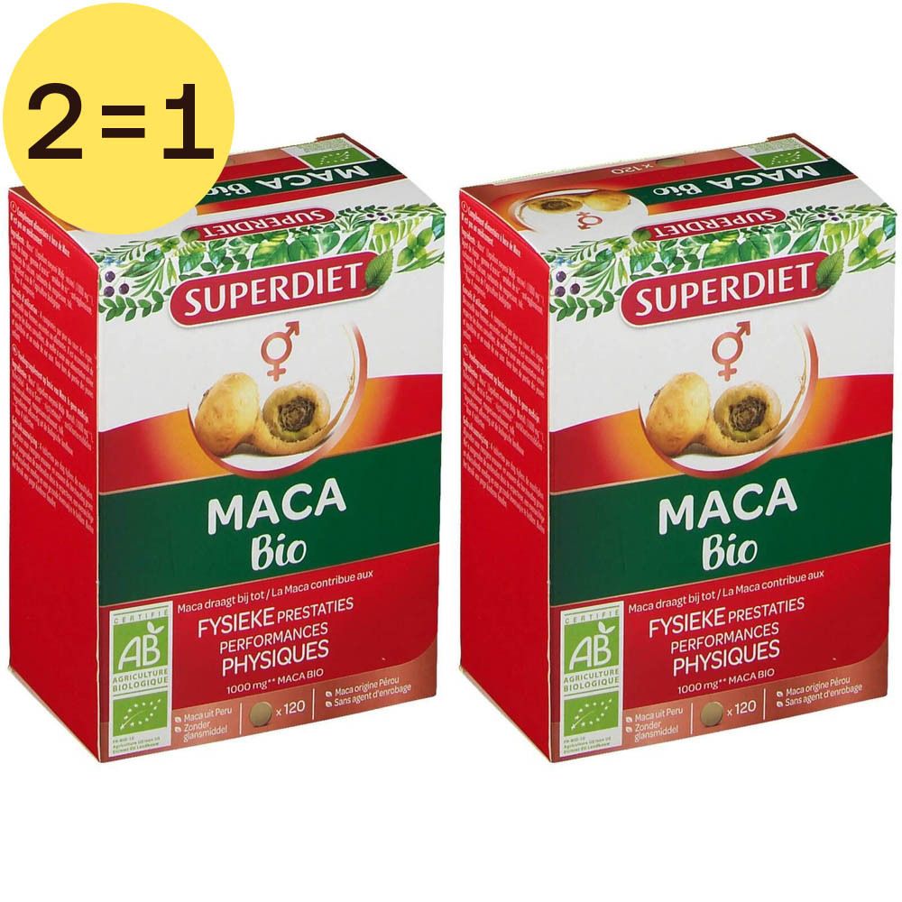 Twee dozen Superdiet Maca Bio. Opschrift: Maca Bio, Fysieke prestaties, 2=1. Bio-label.