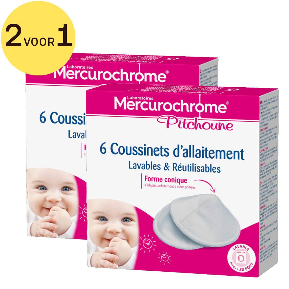 Twee dozen "Mercurochrome Pitchoune" borstvoedingspads. Elke doos bevat 6 wasbare, herbruikbare pads.