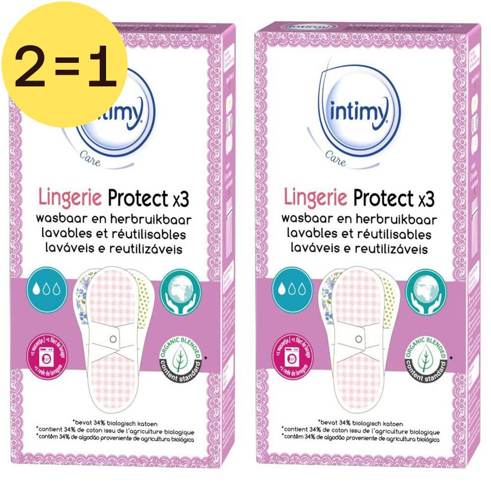 Twee verpakkingen Intimy Care Lingerie Protect. Wasbaar en herbruikbaar. Opschriften: merk, productnaam, symbolen voor wassen en biologisch katoen.