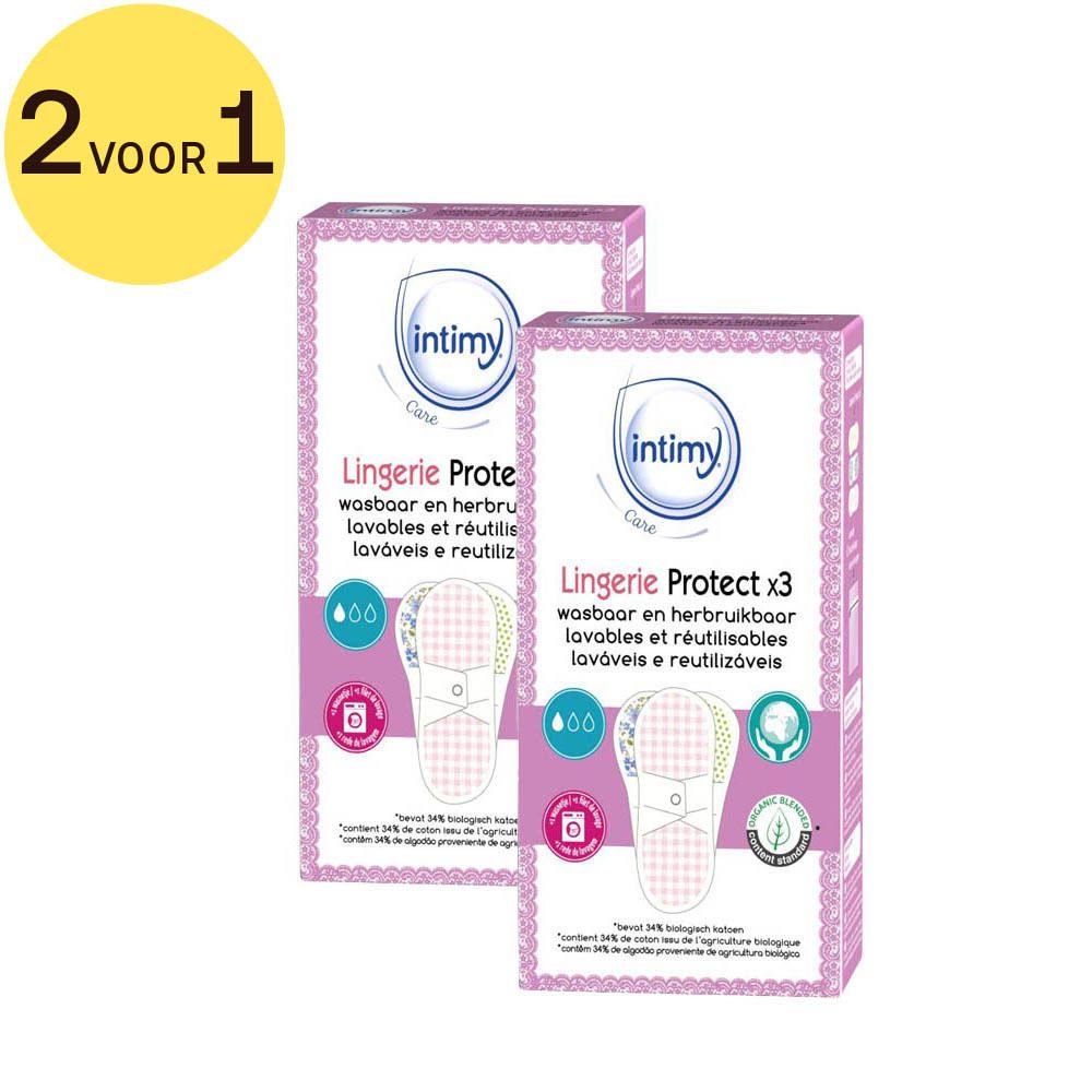 Twee verpakkingen Intimy Care Lingerie Protect. Wasbaar en herbruikbaar. Opschriften: merk, productnaam, symbolen voor wassen en biologisch katoen.