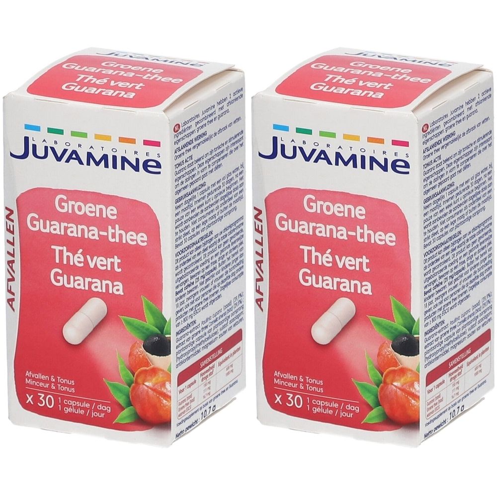 Deux boîtes de gélules. Inscription: Juvamine, Thé vert Guarana, 30 gélules. Emballage rouge et blanc avec illustration de fruits.