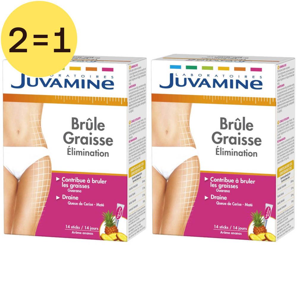 Twee productdozen. Opschrift: Brûle Graisse Élimination. Gele cirkel met "2=1".