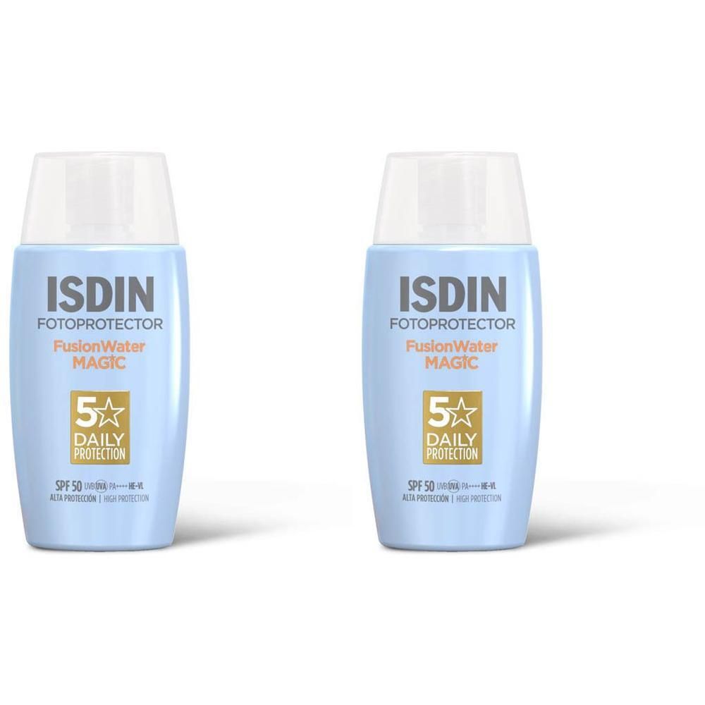 Deux flacons de crème solaire ISDIN Fotoprotector Fusion Water Magic.
