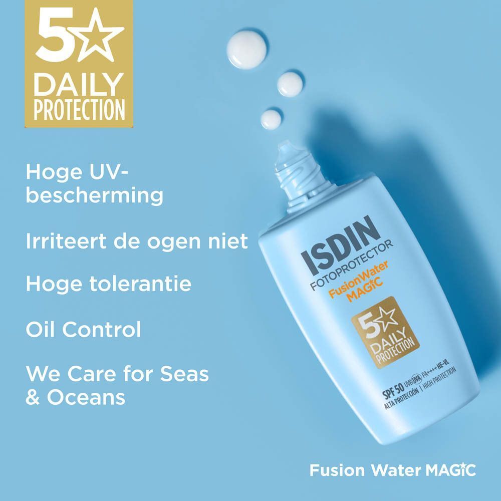 ISDIN Fotoprotector Fusion Water Magic Zonnebrandcrème SPF 50. Lichte textuur, beschermt tegen UV-straling.