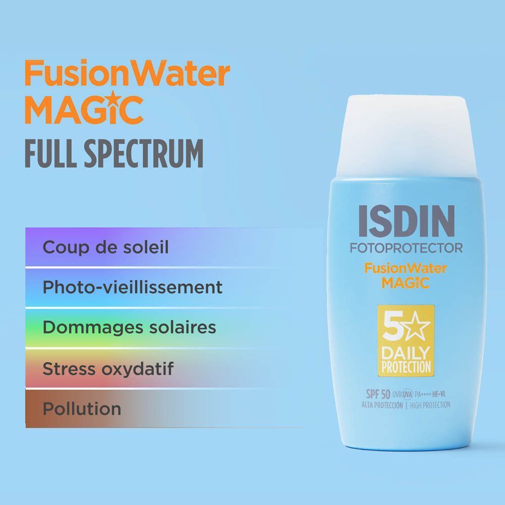 ISDIN Fotoprotector Fusion Water Magic écran solaire SPF 50, avec une liste de protections.