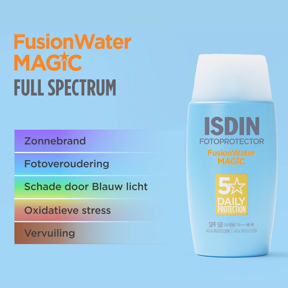 ISDIN Fusion Water MAGIC zonnebrandcrème met full spectrum bescherming tegen zon, blauw licht en vervuiling.