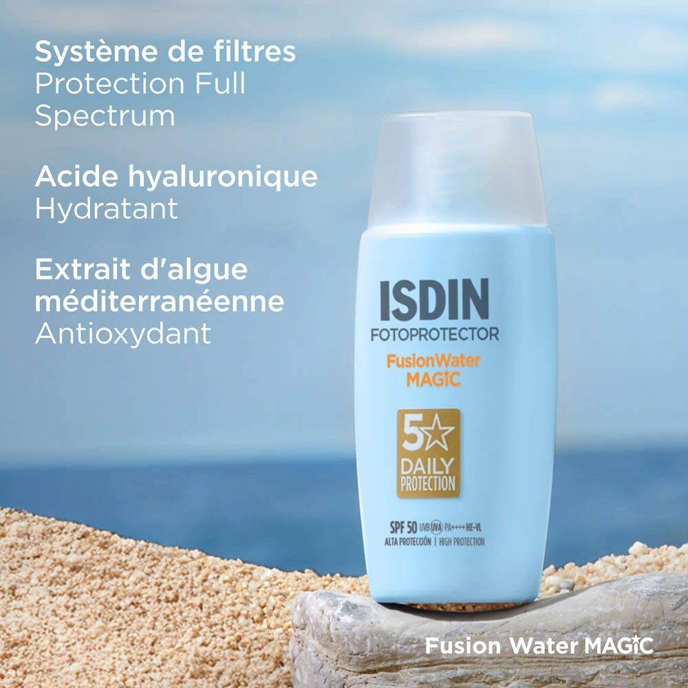 ISDIN Fotoprotector Fusion Water Magic écran solaire SPF 50, appliqué sur une femme.