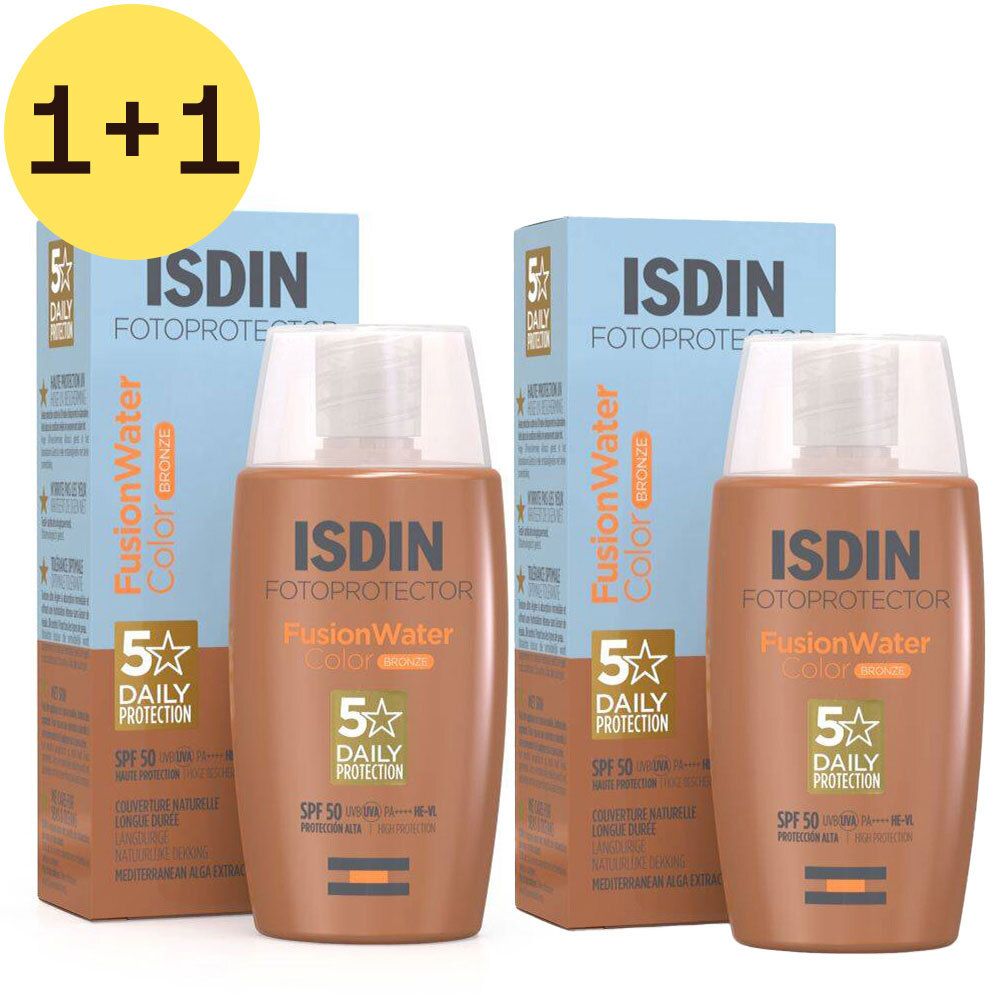 Deux flacons et emballages de ISDIN Fotoprotector Fusion Water Color Bronze SPF 50. Inscriptions : 5 Daily Protection, SPF 50.