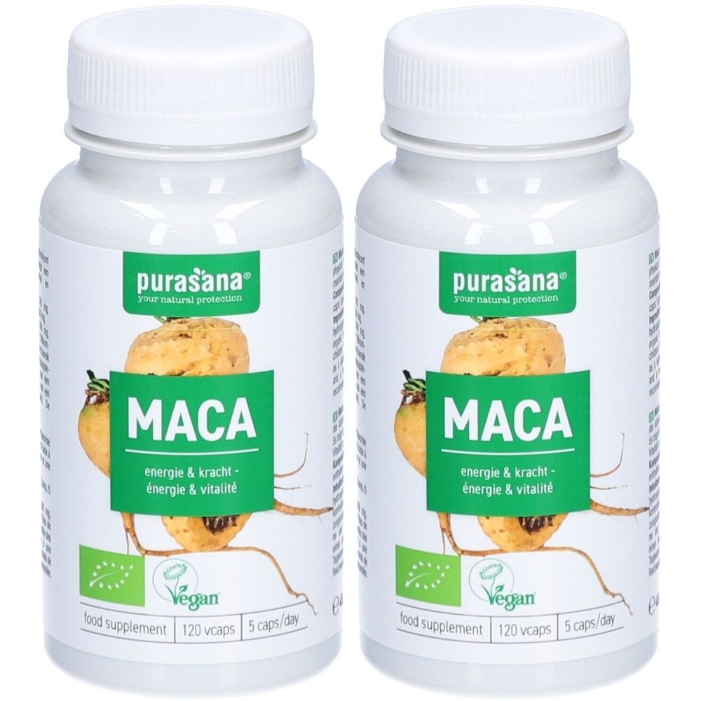 Twee witte flessen met etiketten. Opschrift: purasana® Maca, energie & vitaliteit, Vegan. Bio-keurmerk.