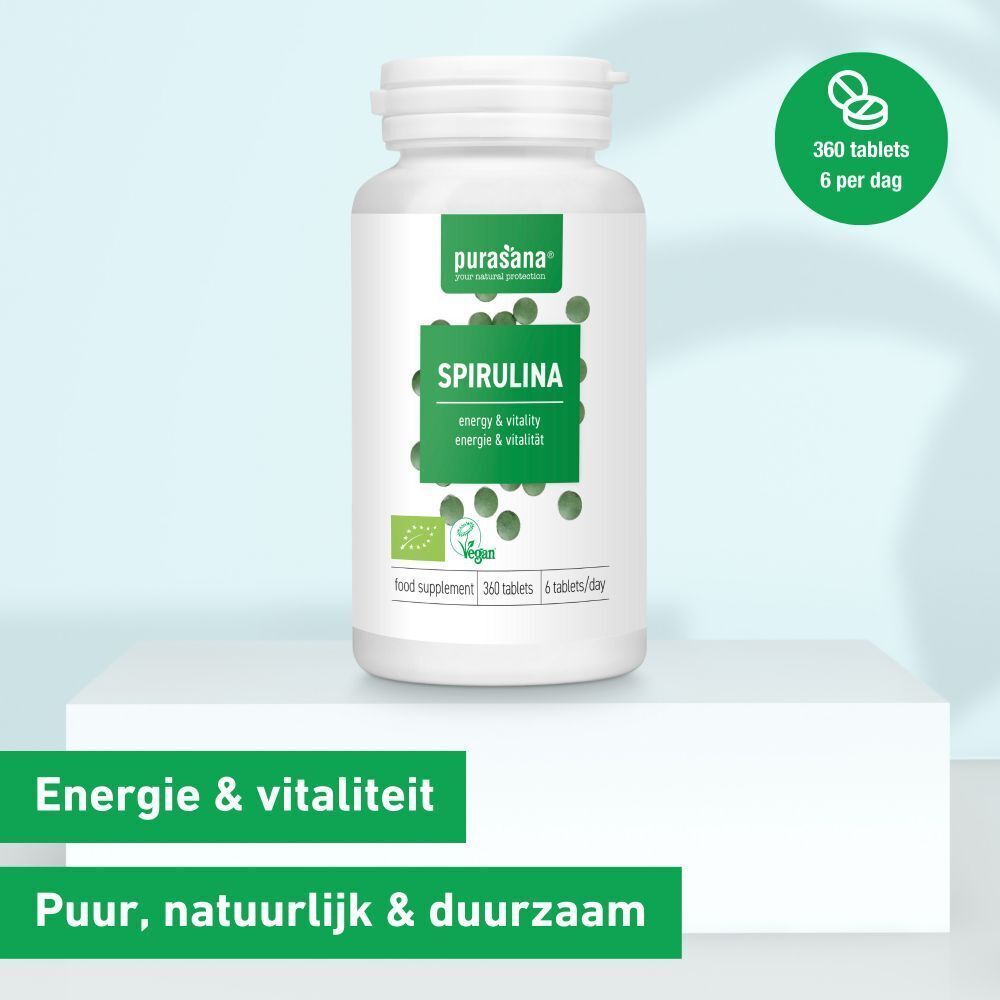 Fles Spirulina Bio op een sokkel. Opschriften: Spirulina, Energie & vitaliteit, 360 tabletten, Vegan.