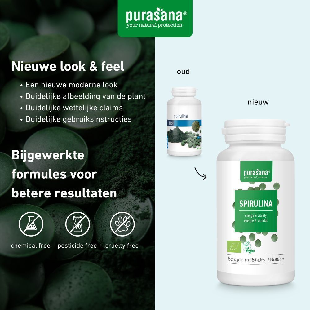 Vergelijking oude en nieuwe Spirulina Bio fles. Nieuwe fles: Spirulina, Vegan. Symbolen: chemievrij, pesticidenvrij, diervriendelijk.