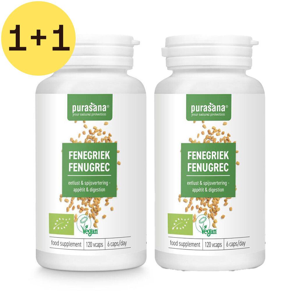 Deux flacons blancs avec l'étiquette "Fenegriek Fenugrec". Inscription "Vegan". Cercle jaune avec "1+1".