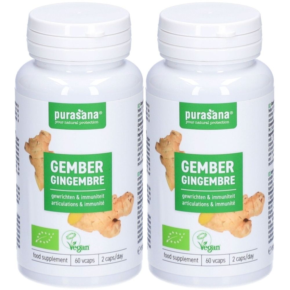 Deux flacons blancs avec étiquette verte. Inscription: Gember, Gingembre. Label vegan. Inscription: PURASANA.