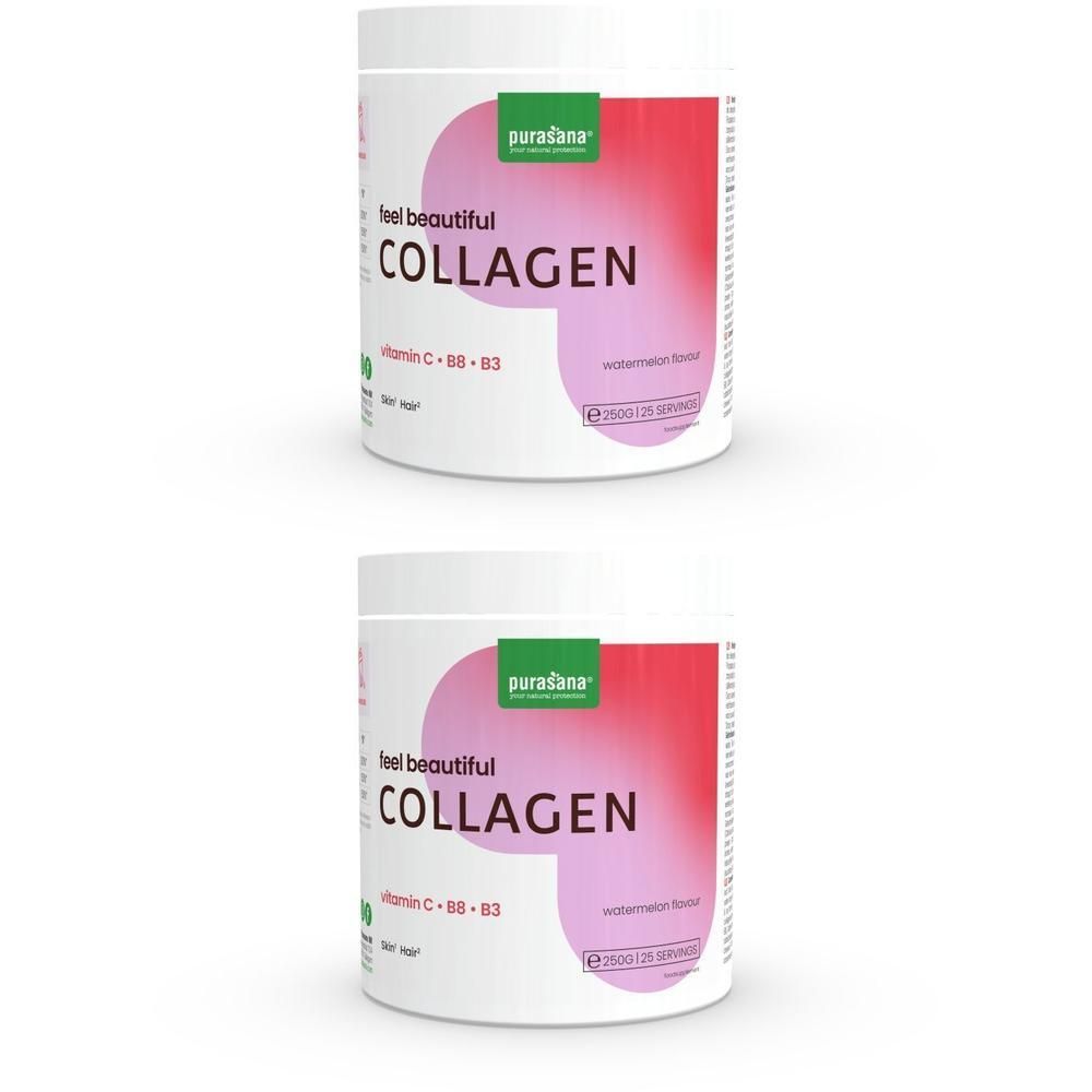 Twee potten Purasana® collageenpoeder. Witte pot met rood en roze design. Opschrift: Collageen, Vitamine C, B6, B3.