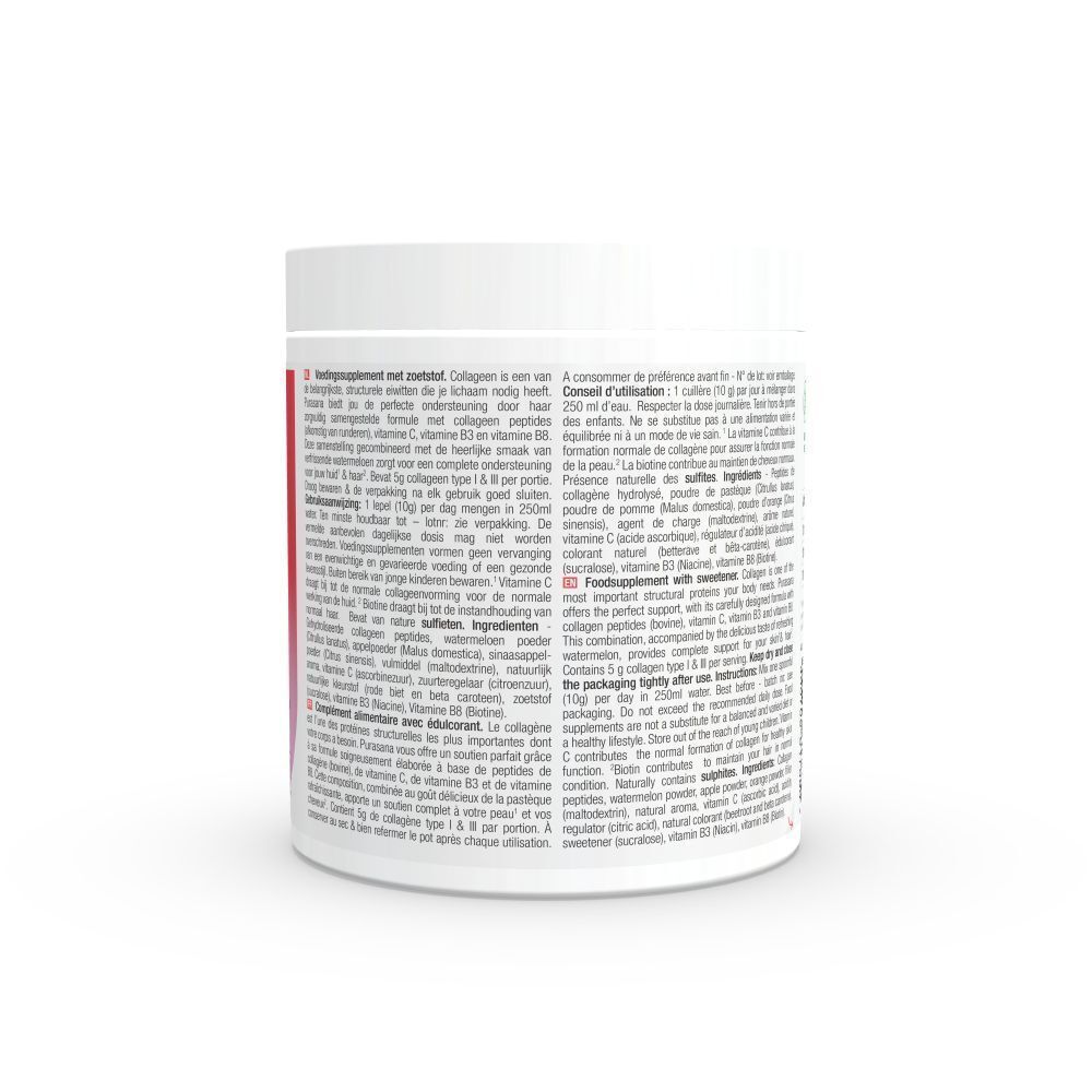 Achterkant van een pot Purasana® collageenpoeder. Tekst in meerdere talen. Bevat informatie over ingrediënten en voedingswaarde.