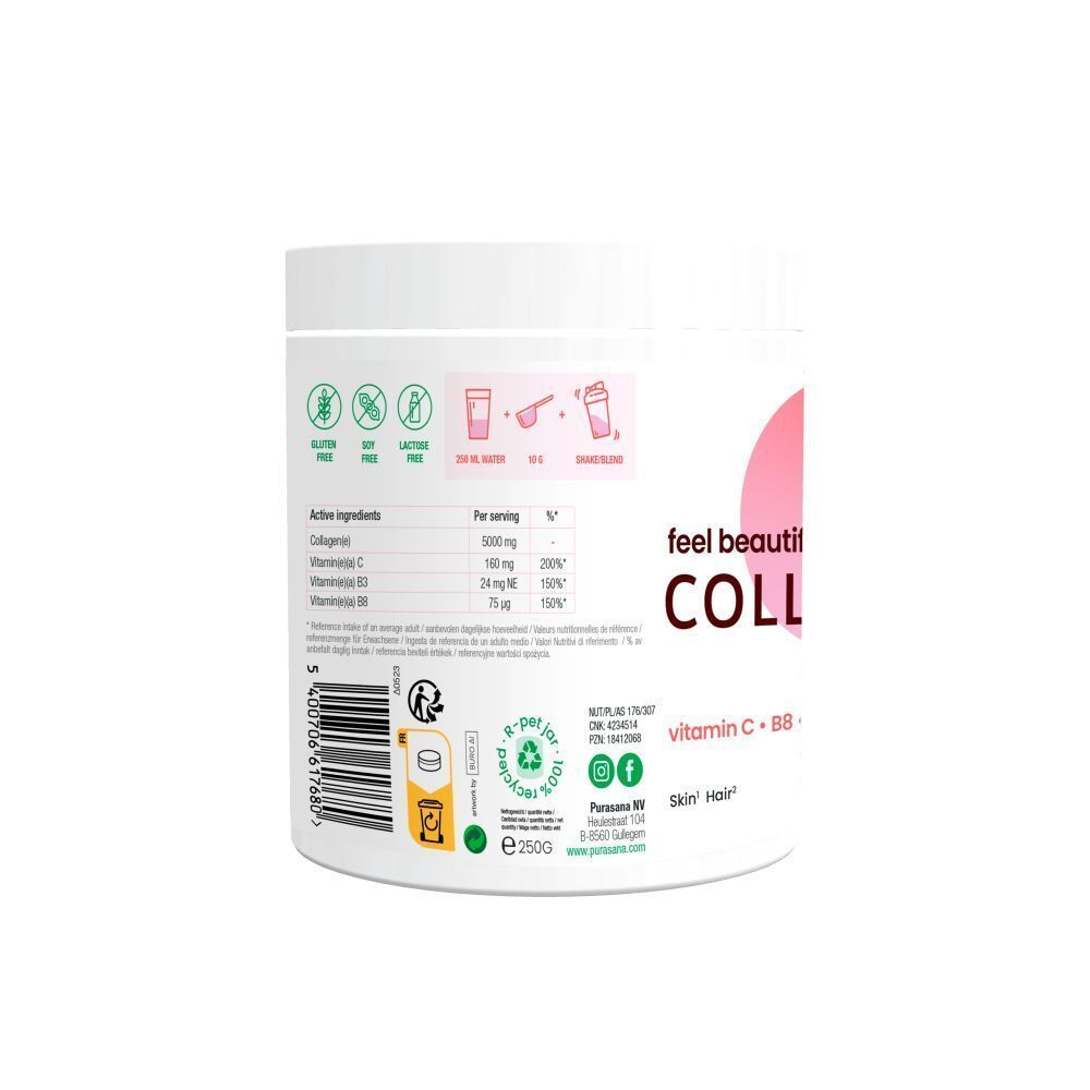 Achterkant van een pot Purasana® collageenpoeder. Bevat informatie over ingrediënten, voedingswaarde en certificeringen.