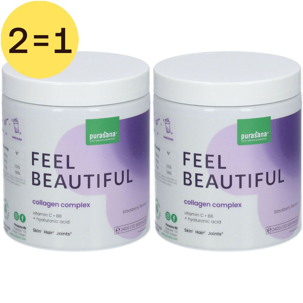 Deux pots blancs avec couvercles. Inscription: FEEL BEAUTIFUL, collagen complex. Étiquette jaune: 2=1. Logo vert: purasana.