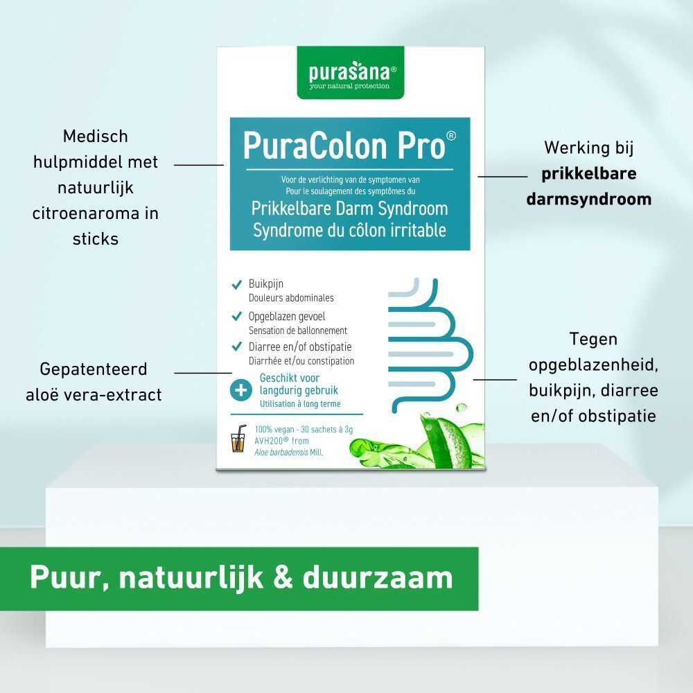 Twee dozen Purasana PuraColon Pro met 1+1 gratis sticker. Witte dozen met groene deksels.