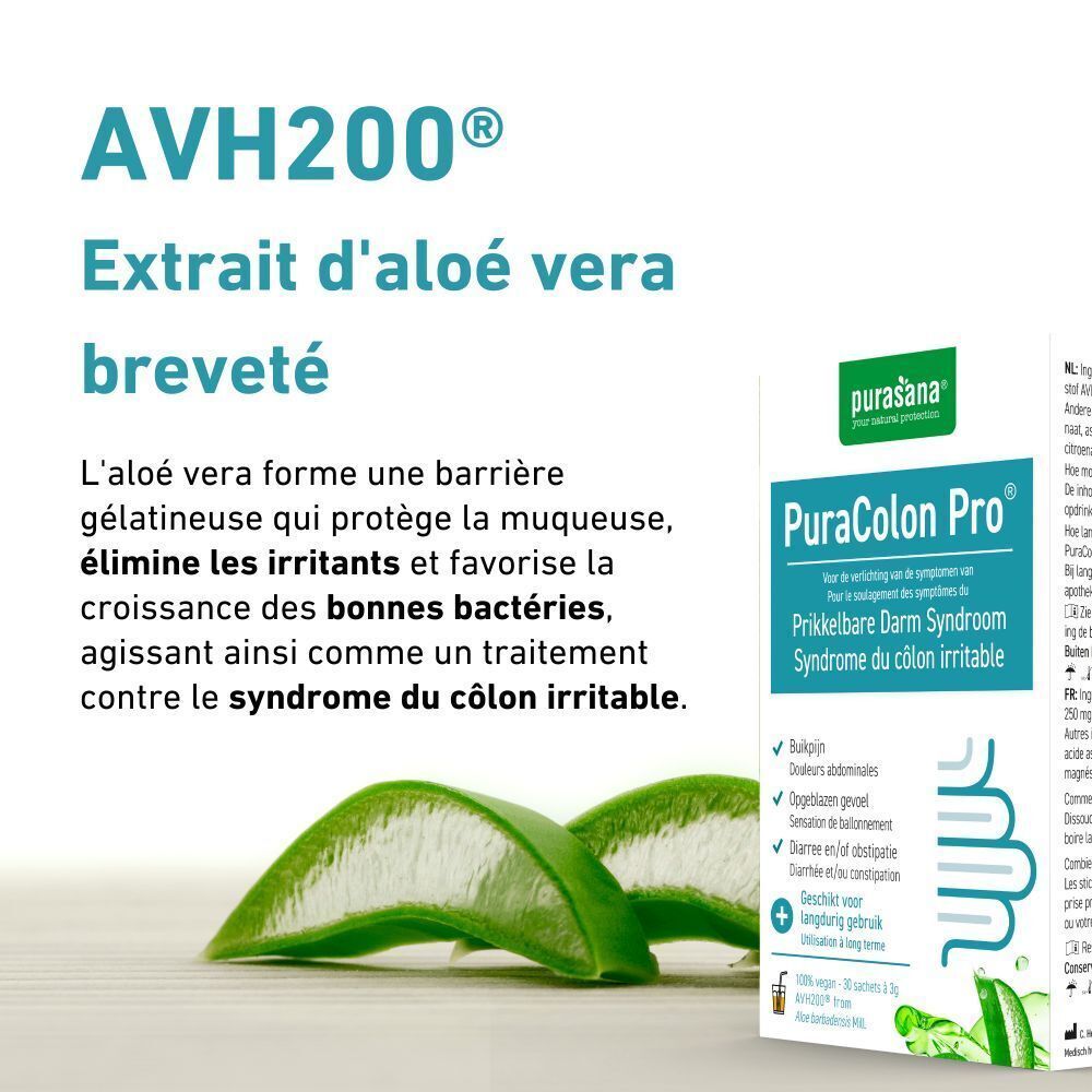 Sachet avec informations produit. Texte : 'Principe actif 250 mg d'extrait d'aloe vera'.