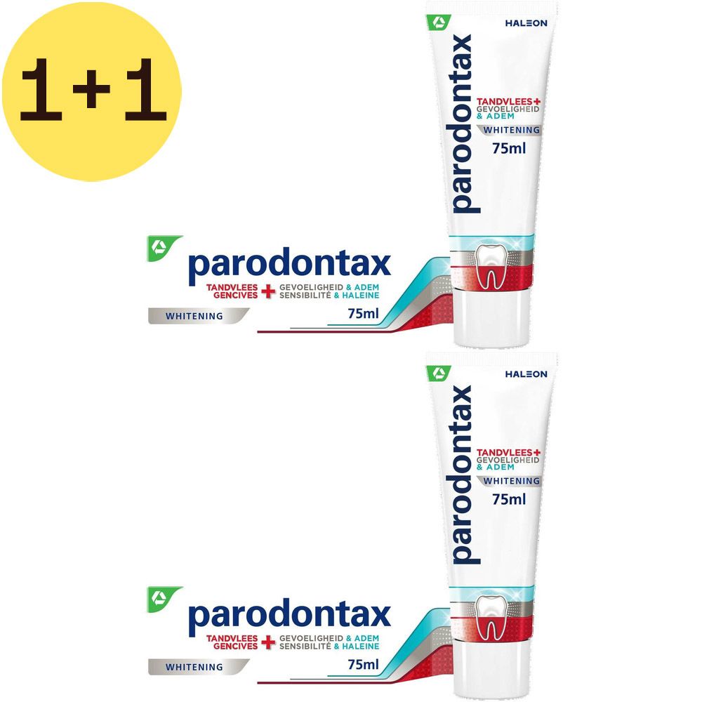 Deux tubes de dentifrice "parodontax". Étiquette jaune "1+1". Inscription "Whitening" et "75ml".
