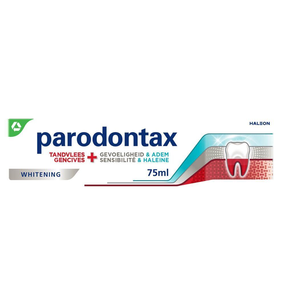 Tube de dentifrice Parodontax Whitening. Inscription Tandvlees + Gevoeligheid & Adem.