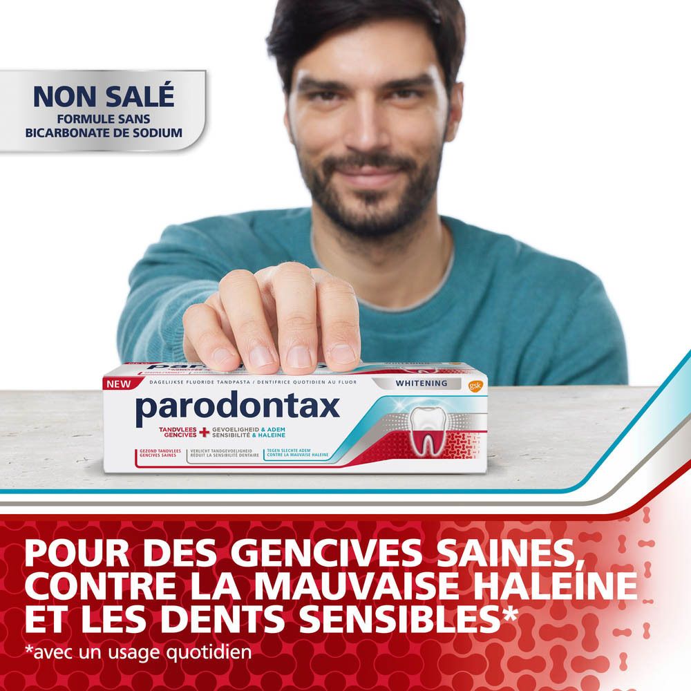 Homme montrant un tube de dentifrice parodontax. Texte: Pour des gencives saines, contre la mauvaise haleine et les dents sensibles.