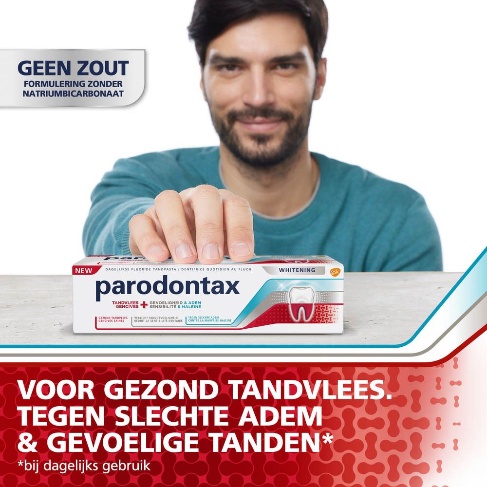 Man wijst naar een tube parodontax tandpasta. Tekst: Voor gezonde tandvlees, tegen slechte adem & gevoelige tanden.