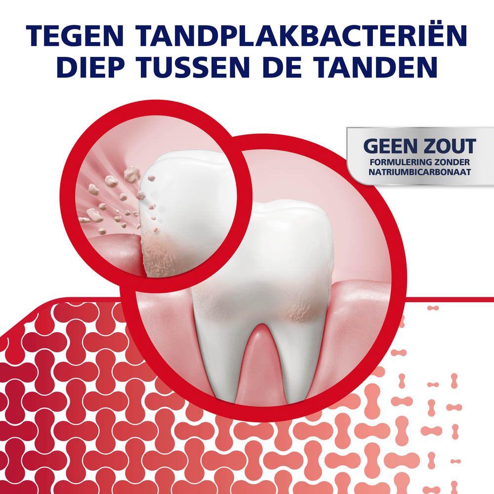 Tand met tandvlees. Tekst: Tegen tandplakbacteriën diep tussen de tanden.