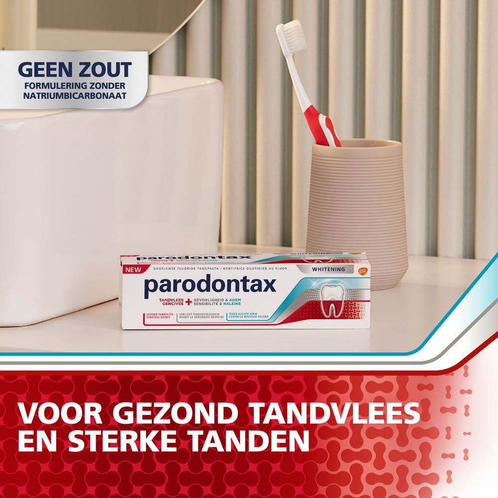 Tube tandpasta en tandenborstel. Tekst: Voor gezond tandvlees en sterke tanden.