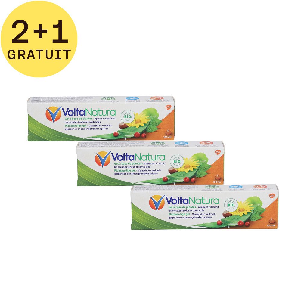 Trois boîtes de VoltaNatura Gel. En haut à gauche : 2+1 GRATUIT. Inscriptions : Bio, fleurs, feuilles.