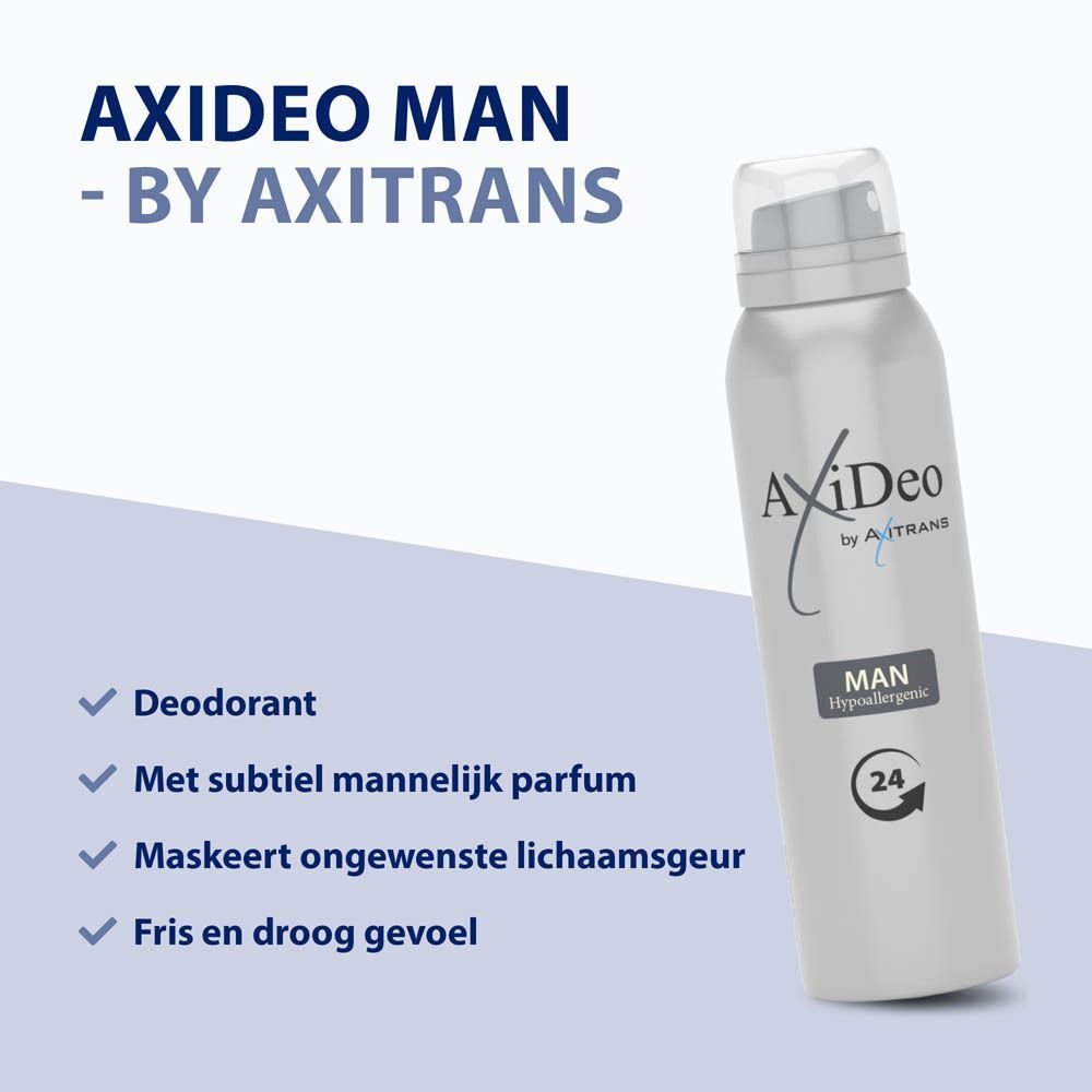 AxiDeo Man spray, zilverkleurig met witte dop. Opschrift: AxiDeo by Axitrans, Man, Hypoallergeen, 24. Tekst: AxiDeo Man - by Axitrans. Blauwe checklists.