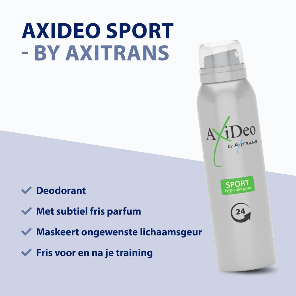 Zilveren deodorant spray met groen etiket. Opschrift: AxiDeo Sport by Axitrans, 24h. Blauwe tekstlijst met productkenmerken.