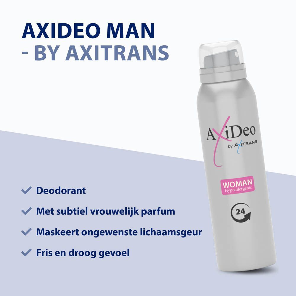 Zilveren spuitbus met transparante dop. Opschrift: AxiDeo by Axitrans Woman, 24h, Hypoallergeen. Tekst: AxiDeo Man - by Axitrans. Blauwe checklists.
