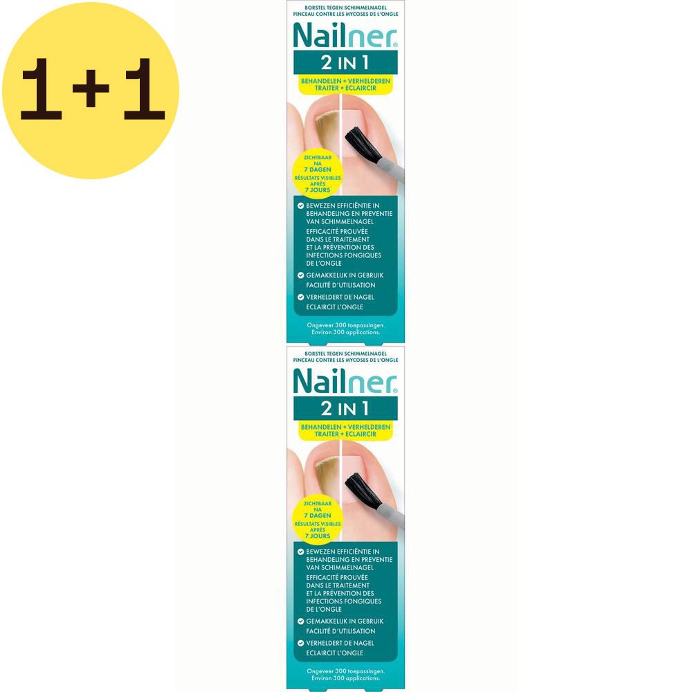 Twee verpakkingen Nailner 2 in 1. Opschrift 1+1 GRATIS. Productafbeelding: nagel met applicator. Tekst: Bewezen effectief tegen schimmelnagels.
