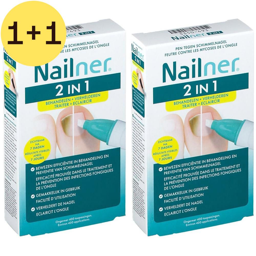 Deux boîtes Nailner 2 en 1 avec texte. Cercle jaune avec "1+1". Nom du produit et zone d'application.