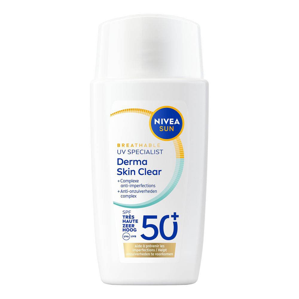 Flacon Nivea Sun UV Face Specialist. Texte: Derma Skin Clear, protection solaire 50+.