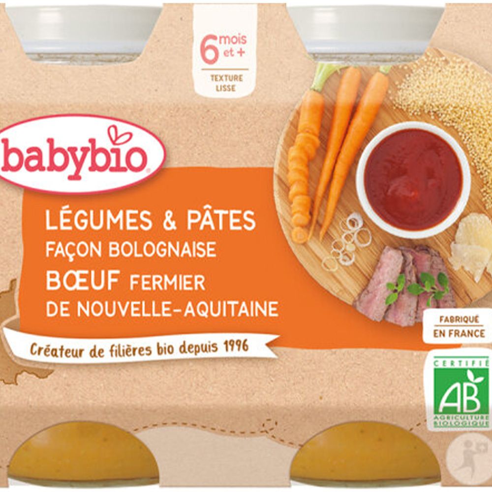 Babybio® Légumes & Pâtes Façon Bolognaise Boeuf Fermier de Nouvelle-Aquitaine