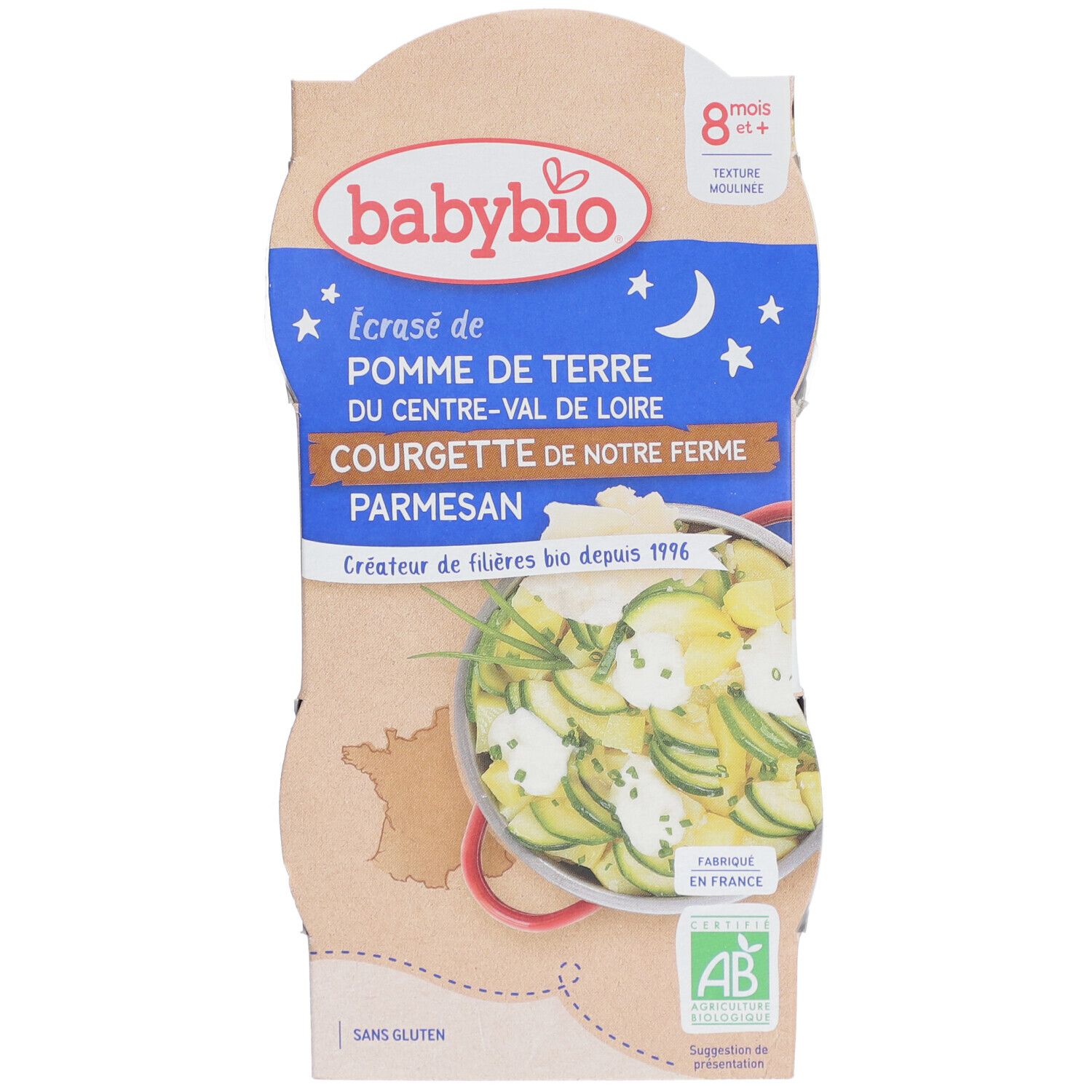 Babybio® Geplette Aardappelen uit het Centre-Val de Loire Courgette van onze Boerderij & Parmezaanse Kaas