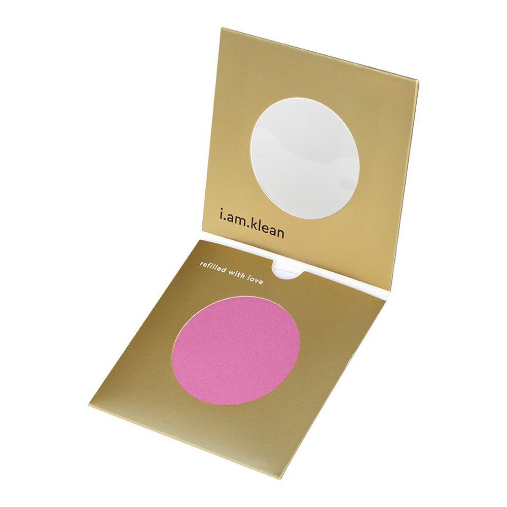 Gouden verpakking met roze product. Zichtbaar merklogo i.am.klean. Ronde uitsparing toont het product. Tekst "refilled with love".