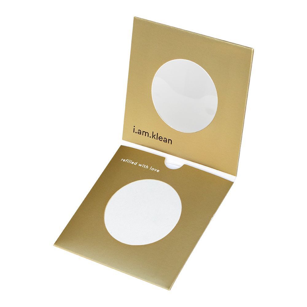 Gouden verpakking met rond venster. i.am.klean tekst. Tekst "refilled with love".