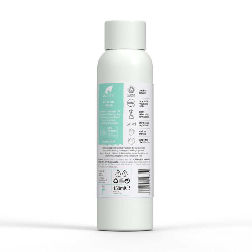 Achterkant van de witte fles. Etiket met informatie. Biologisch gecertificeerd. Recyclebare fles.